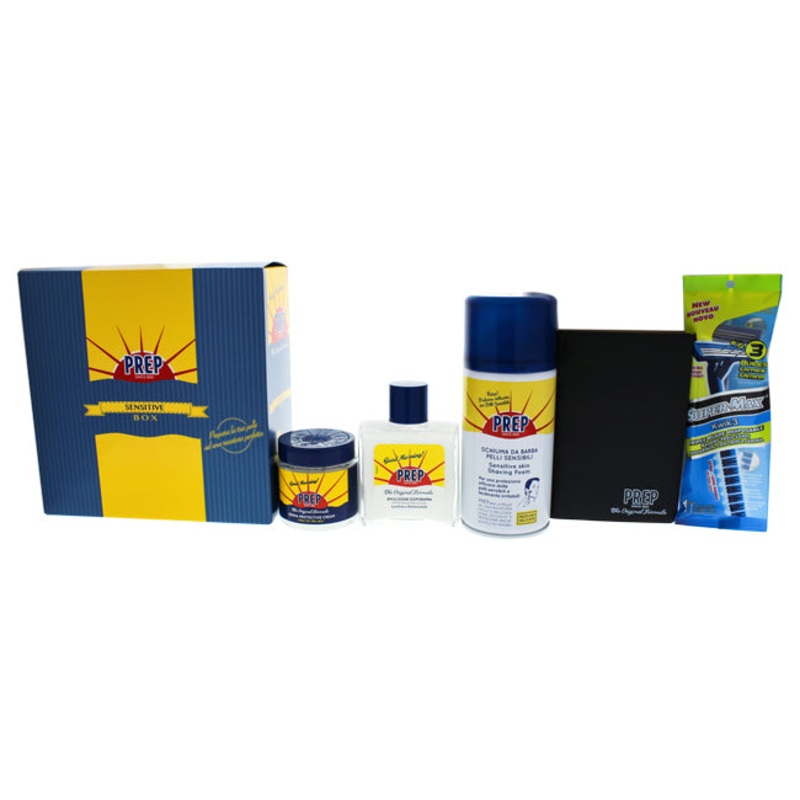 Prep Prep Sensitive Box by Prep for Men - 4 Pc Kit 2.5oz Derma Protective Cream, 10.14oz Sensitive Skin Shaving Foam, 3.4oz After Shave Emulsion, NotePad, Razor