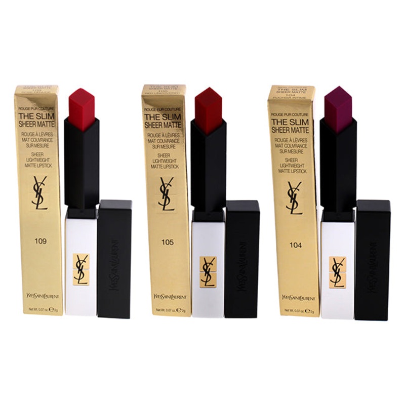Yves Saint Laurent Rouge Pur Couture The Slim Sheer Matte Lipstick Kit by Yves Saint Laurent - 3 Pc Kit 0.07oz Lipstick - 104 Fuchsia Intime, 0.07oz Lipstick - 105 Red Uncovered, 0.07oz Lipstick - 109 Rose Denude