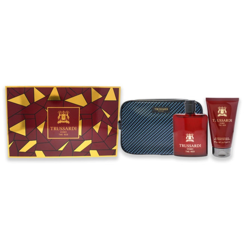 Trussardi Uomo The Red by Trussardi for Men - 3 Pc Gift Set 3.4oz EDT Spray, 3.4oz Shampoo anad Shower Gel, Washbag
