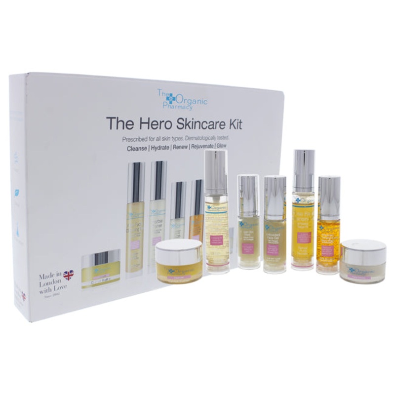 The Organic Pharmacy Hero Skin Care Kit by The Organic Pharmacy for Unisex - 7 Pc 0.3oz Carrot Butter Cleanser, 0.3oz Herbal Toner, 0.15oz Antioxidant Face Gel, 0.15oz Antioxidant Face Firming Serum, 0.3oz Double Rose Rejuvenating Face Cream, 0.15oz Colla